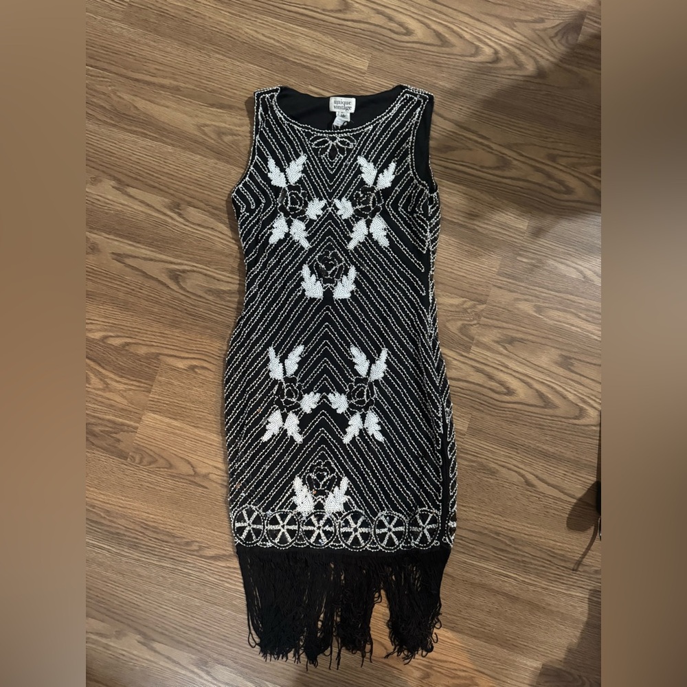 Unique Vintage Black and White Beaded Midi Dress